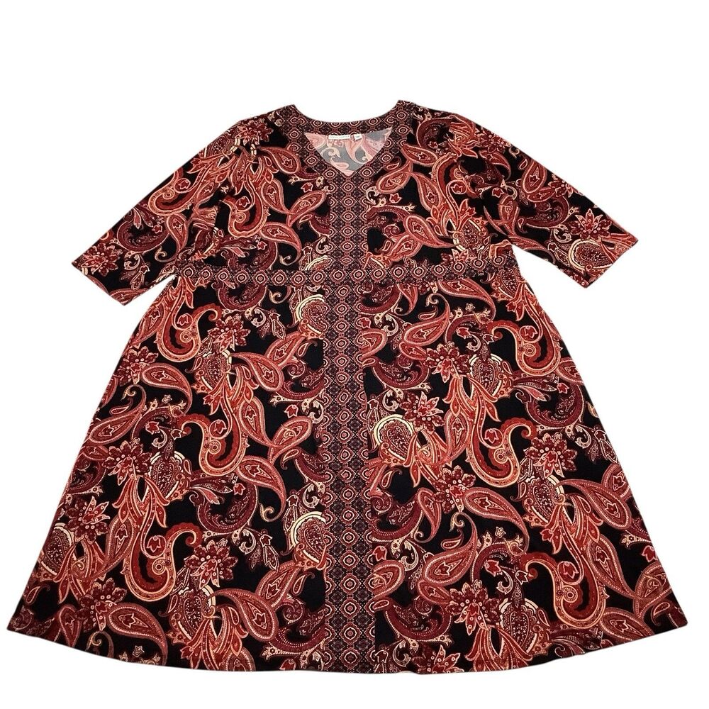 Susan Graver Liquid Knit 3/4 Sleeve Dress Women 4X Paisley Black Brick Red Boho
